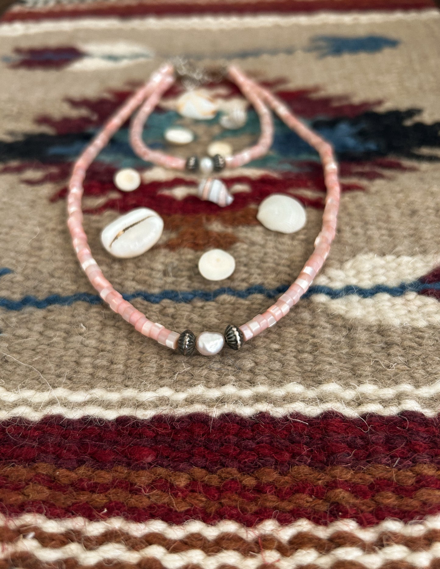 pink shell necklace w/ freshwater + Navajo pearls