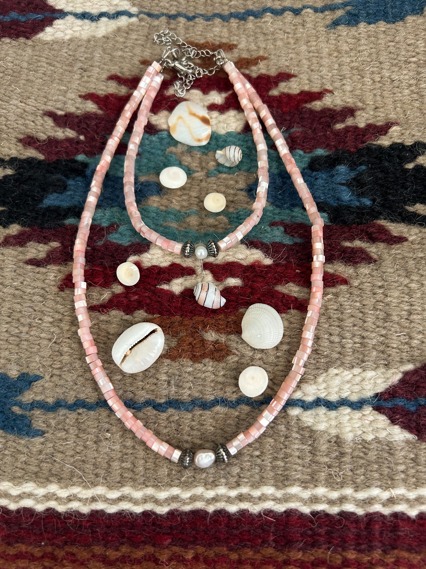 pink shell necklace w/ freshwater + Navajo pearls